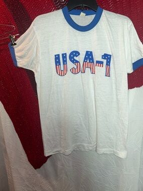 VINTAGE Screen Stars White Tee with Blue Ringer Trim USA-1